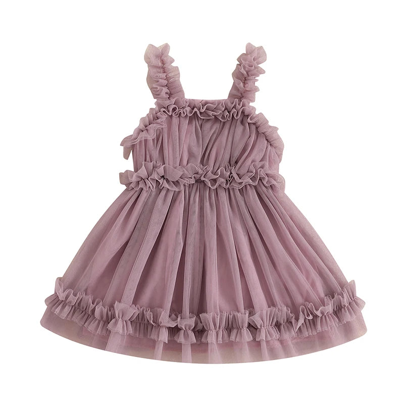 Toddler Girl Summer Tulle Dress Solid Color Sleeveless Mesh Ruffled A-Line Dress