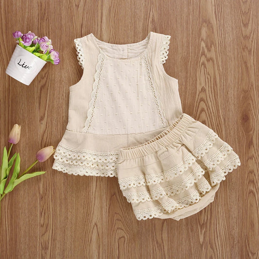 Toddler Baby Girl Summer Clothing Set Sleeveless Lace Pacthwork Solid Top Shorts 2Pcs Outfit