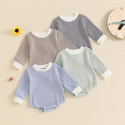 Toddler Waffle Sweatshirt Romper Casual Stripe Print Long Sleeve Jumpsuit