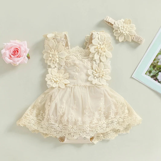 Baby Girls Bodysuit Summer Sleeveless Square Neck Floral Lace Bodysuit Tops Head Band