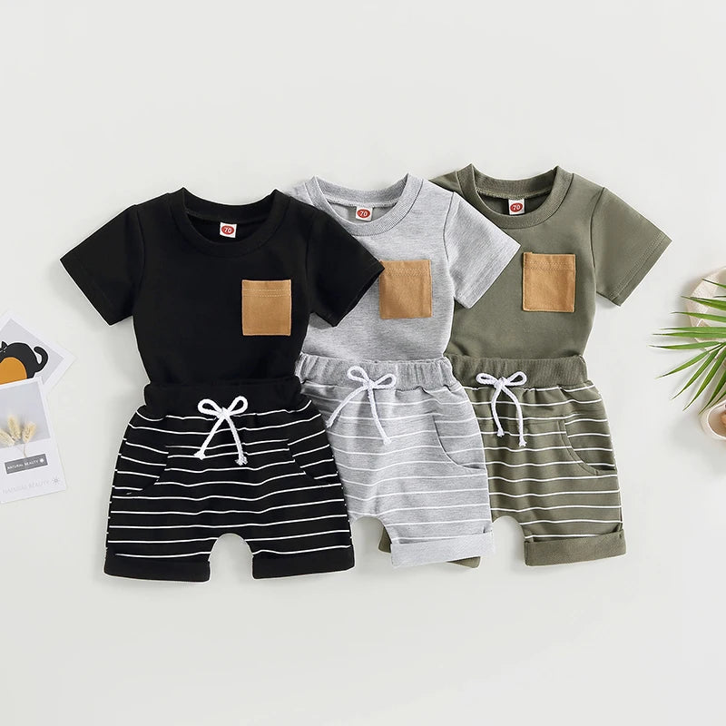 Baby Kids Boys 2Pcs Summer Set Short Sleeve Crew Neck T-shirt with Striped Shorts Outfit