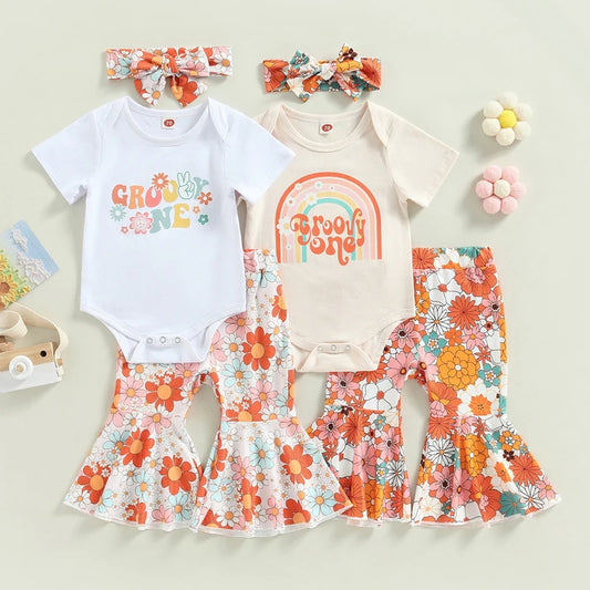 Toddler Baby Girls 3Pcs Outfit Set Short Sleeve Letter Print Romper Floral Flared Pants