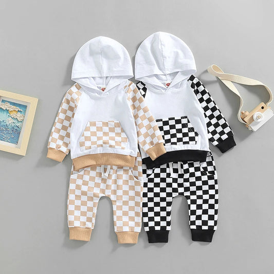 Girl Boy Outfit 2Pcs Set Plaid Long Sleeve Hoodie with Pockets Elastic Drawstring Waist Pants