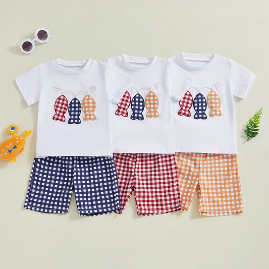 Summer Kid Boys Shorts Sets Short Sleeve O Neck Fish Embroidery Tops and Plaid Shorts Sets