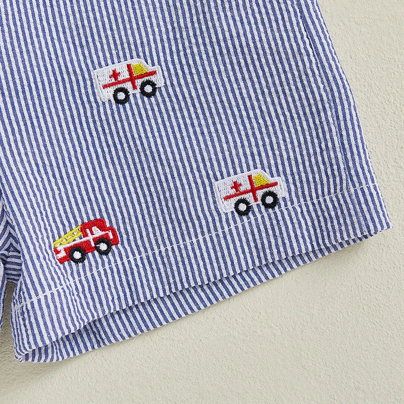 Toddler Baby Boy Shorts Set Vehicle Embroidered Short Sleeve Tops Striped Elastic Waist Shorts Outfit
