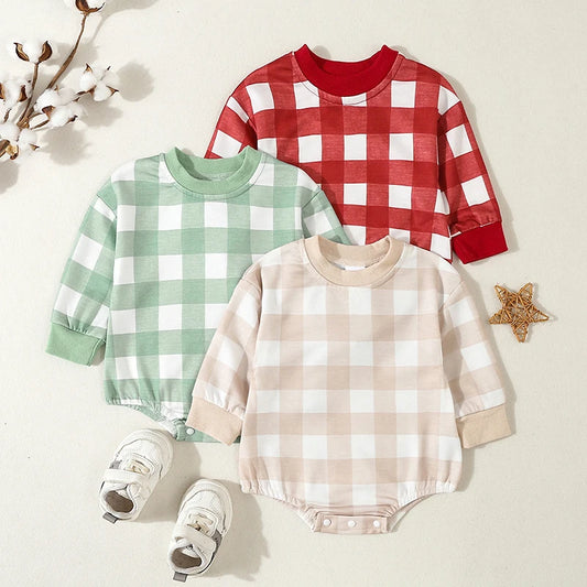 Baby Boys Sweatshirt Romper Plaid Long Sleeve Bodysuit Jumpsuit