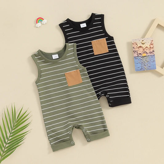 Summer Newborn Baby Boys Rompers Clothing Striepd Print Sleeveless Pocket Jumpsuits Long Pants Baby Overalls