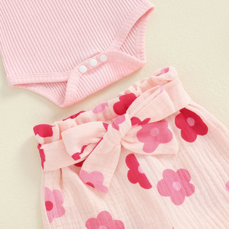 Baby Girls 3Pcs Fall Outfits Long Sleeve Ribbed Romper + Floral Pants + Headband Set Infant Clothes