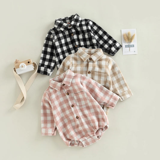 Baby Boy Bodysuit Long Sleeve Lapel Neck Plaid Print Button Up Jumpsuit