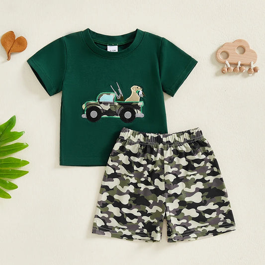 Toddler Baby Boy Summer Outfit Truck Dog Embroidery Short Sleeve T-shirts Camouflage Shorts Set