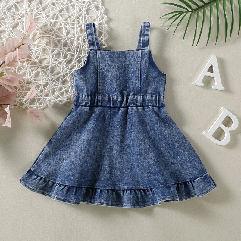 Baby Girl Off Shoulder Ruffle Denim Dress with Sleeveless Button Down - Cute Summer Outfit for Toddlers