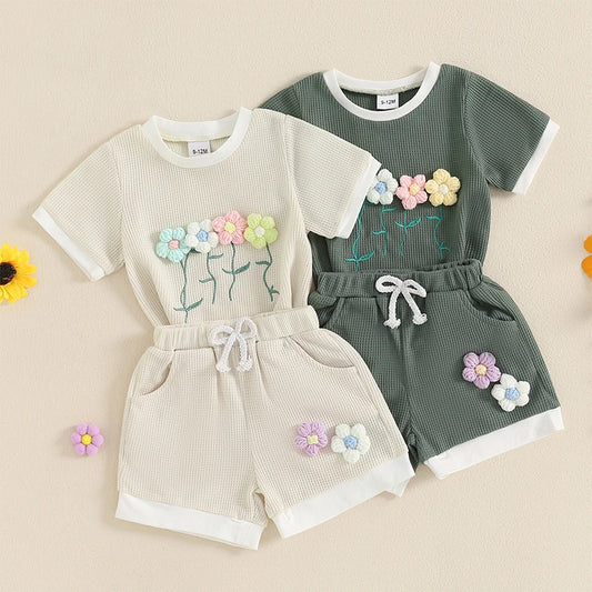 Toddler Girl Summer Waffled Clothes 3D Flower Short Sleeve Round Neck Tops Elastic Waist Shorts Outfit