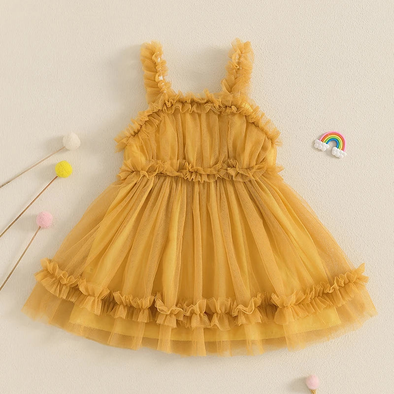 Toddler Girl Summer Tulle Dress Solid Color Sleeveless Mesh Ruffled A-Line Dress