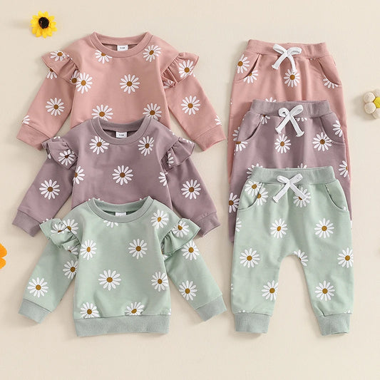 Toddler Girl Fall Outfit Daisy Print Long Sleeve Sweatshirt with Elastic Waist Pants 2 Pcs Set