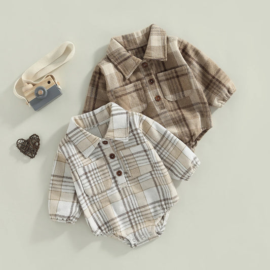 Baby Boy Button Up Long Sleeve Vintage Plaid Pattern Romper with Pockets