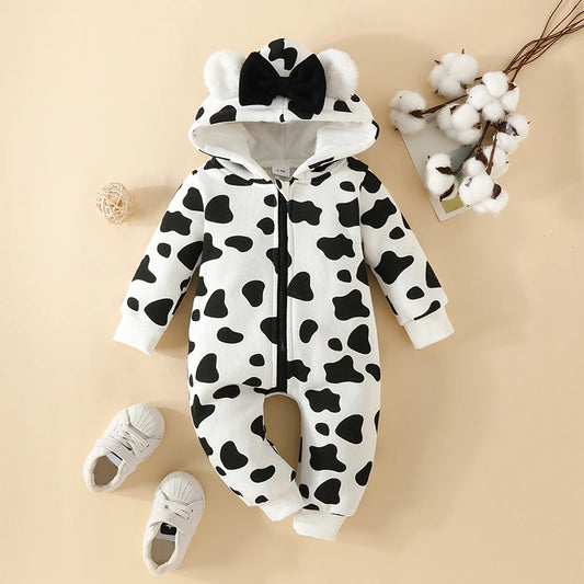 Newborn Baby Girls Boys Romper Fleece Footie Long Sleeve Hooded Zipped Heart Cow Pattern Jumpsuit
