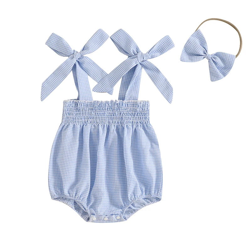 Baby Girl Plaid Print Romper Sleeveless Tie Strap Smocked Jumpsuit with Bow Headband