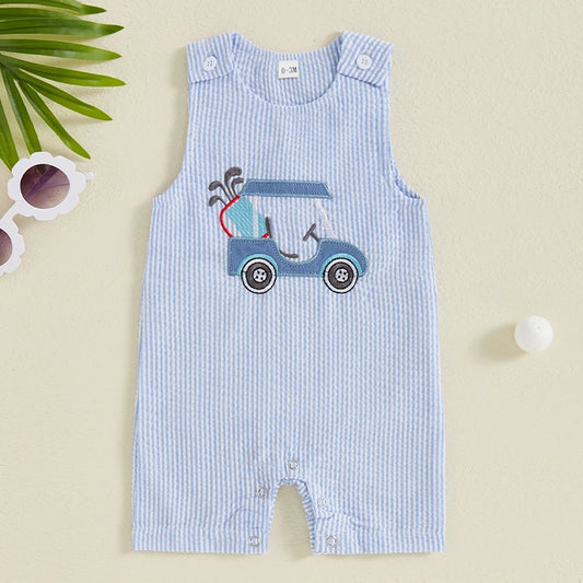 Baby Boys Jumpsuit, Sleeveless Crew Neck Striped Embroidery Golf Cart Summer Romper for Casual Daily
