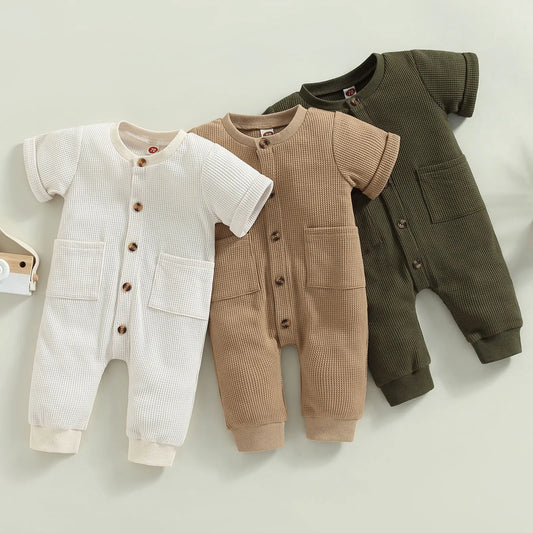 Baby Boys Jumpsuit Solid Color Short Sleeve O Neck Button Down Romper with Pockets