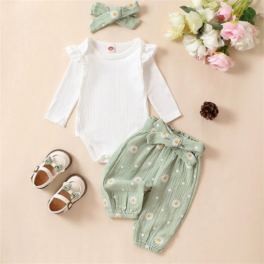 Baby Girl Daisy Print Outfit Solid Ribbed Ruffle Romper Long Sleeve Pants Headbands Clothes Set