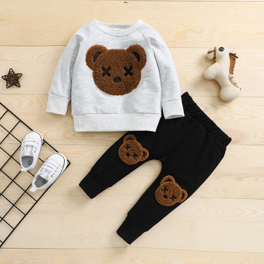 Kids Boy Autumn Tracksuit Fluffy Cartoon Bear O-Neck Long Sleeves Sweatshirt Elastic Waist Pants