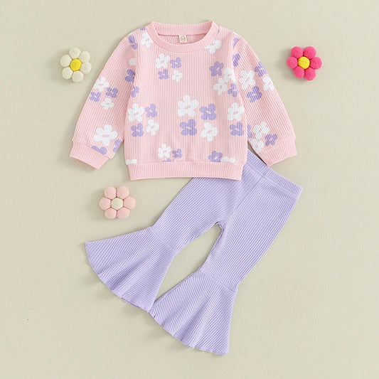 Baby Girl Fall Outfits Long Sleeve Floral Print Pullover Tops Flare Pants Set Toddler Spring Clothes