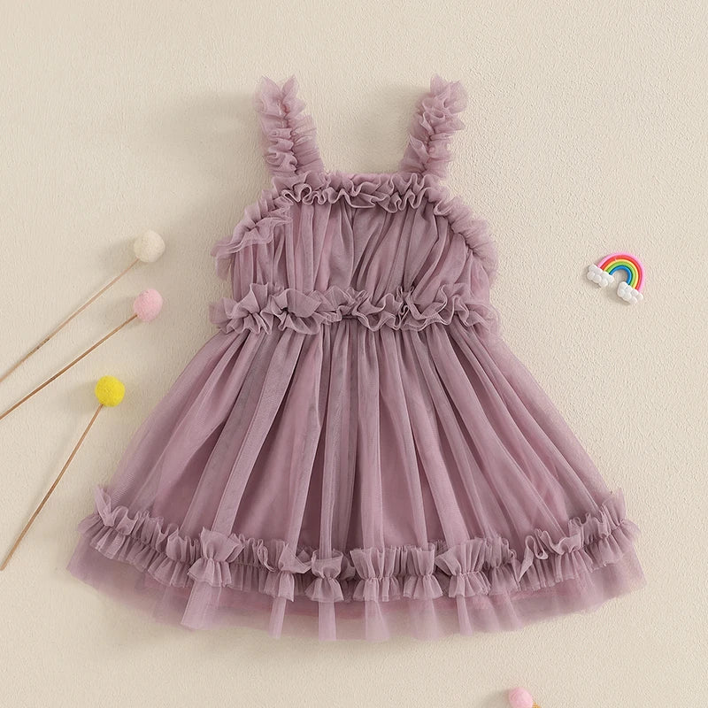 Toddler Girl Summer Tulle Dress Solid Color Sleeveless Mesh Ruffled A-Line Dress