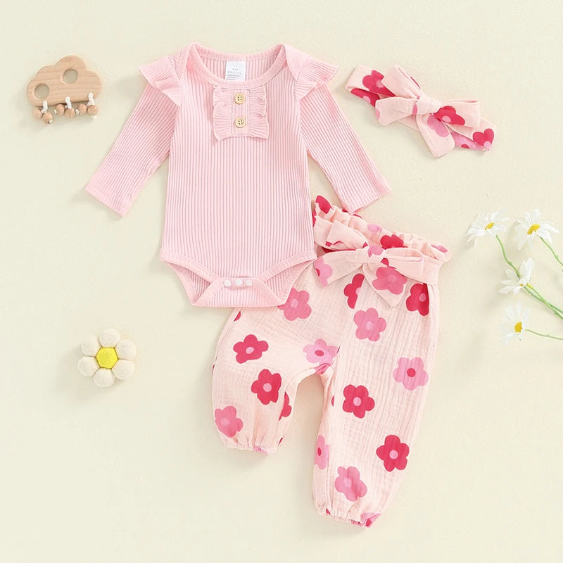 Baby Girls 3Pcs Fall Outfits Long Sleeve Ribbed Romper + Floral Pants + Headband Set Infant Clothes