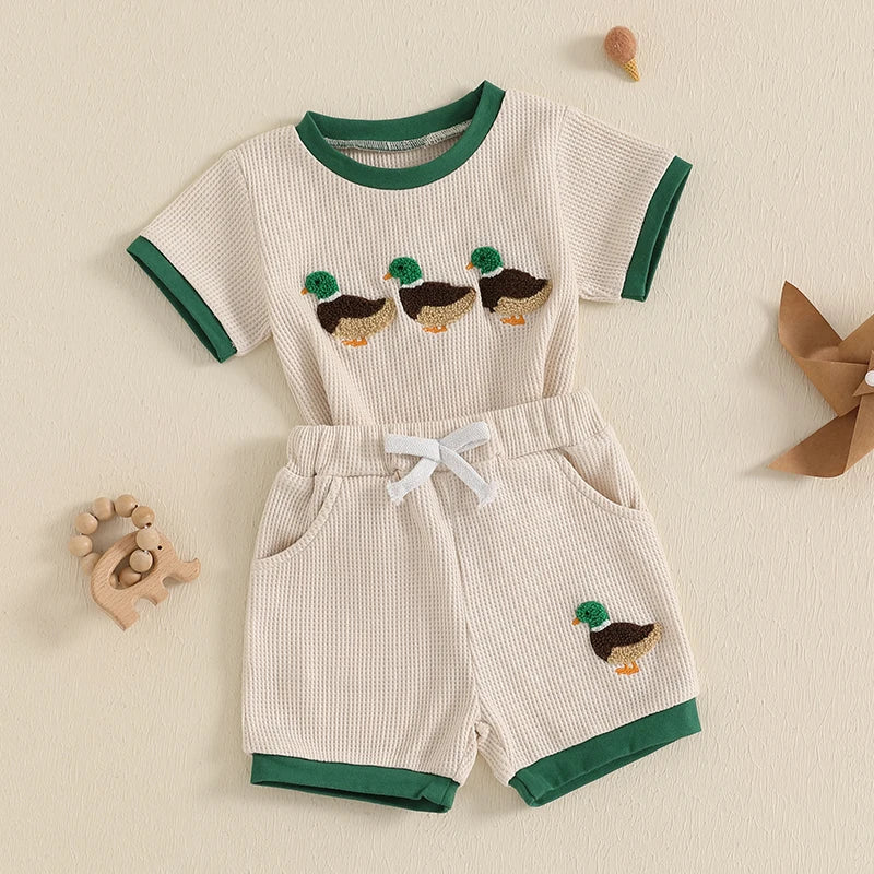 Boys Summer Shorts Sets Short Sleeve O Neck Duck Embroidery Tops and Drawstring Shorts Sets