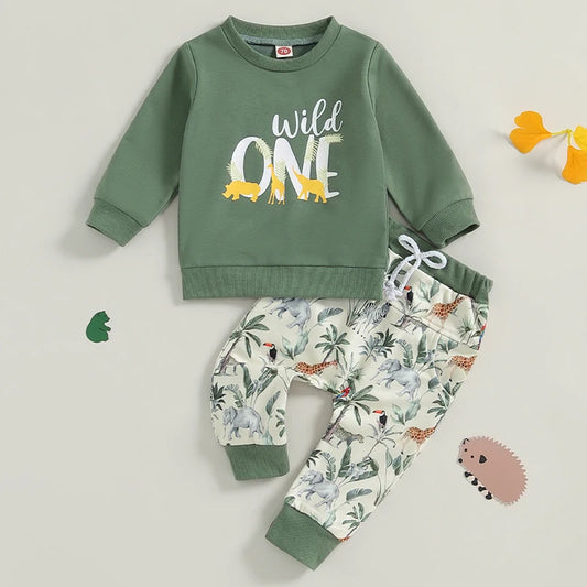 Baby Boys 2PCS Outfits Long Sleeve Crew Neck Letter Print Tops Animal Print Pants Fall Sets
