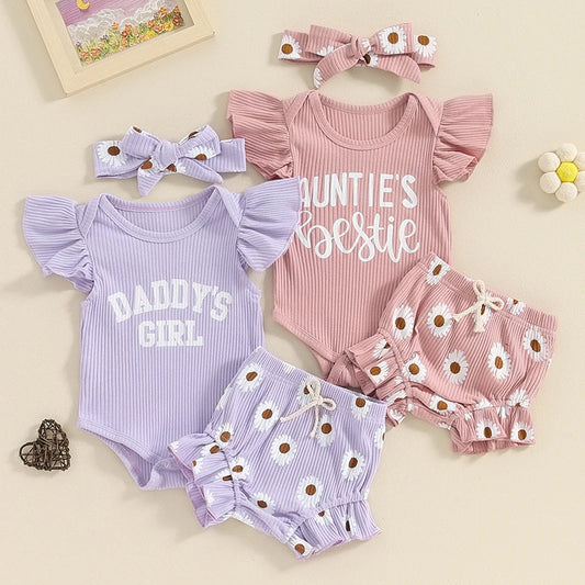 Baby Girls Summer Shorts Sets Flying Sleeve Letter Print Romper Floral Shorts Headband Set