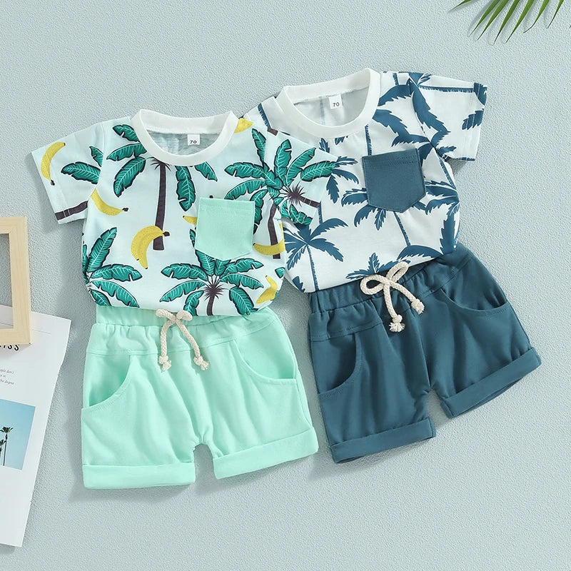 Toddler Baby Boy 2Pcs Summer Clothes Beach Tree Print Short Sleeve Crew Neck T-Shirts Shorts