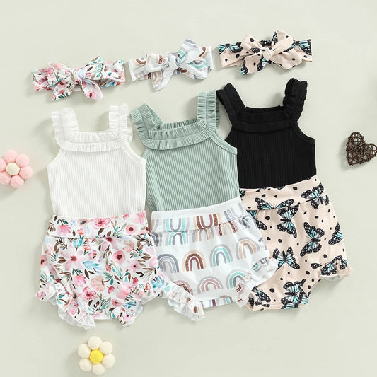 Infant Baby Girls Shorts Set Sleeveless Romper Flower/Rainbow/ Print Shorts Hairband