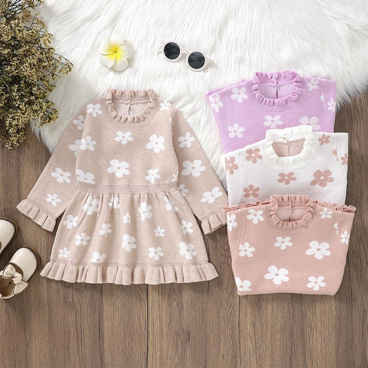 Toddler Kids Girl Long Sleeve Dress Casual Floral Print Ruffle Sweater A-Line Dress Baby Spring Clothes