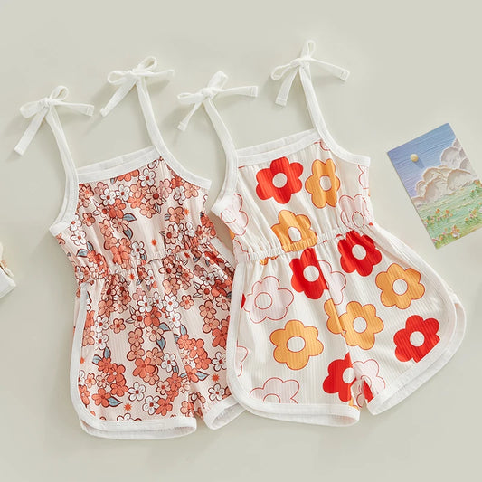 Toddler Baby Girl Summer Jumpsuit Cartoon Flower Print Sleeveless Sling Tie-Up Shorts Romper