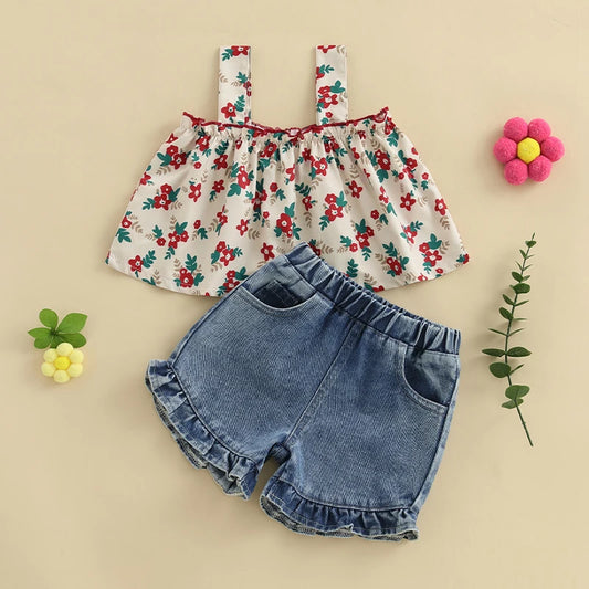 Baby Girls Summer Outfits Floral Print Sleeveless Camisole and Elastic Ruffled Denim Shorts Set Clothes