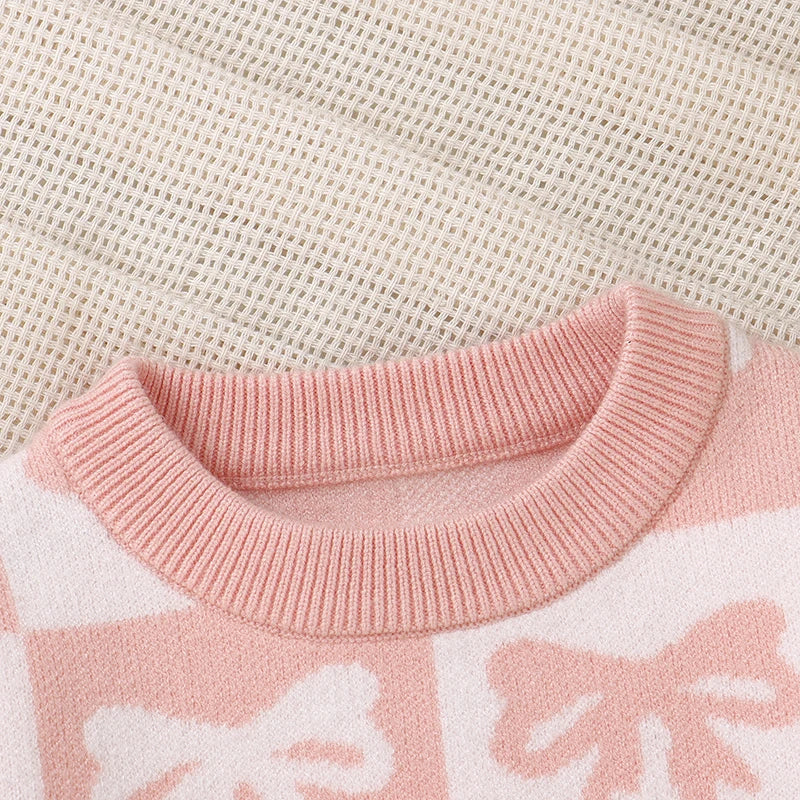 Toddler Girls Sweater Bowknot Print Contrast Color Crew Neck Long Sleeve Baby Pullovers Fall Clothes Tops