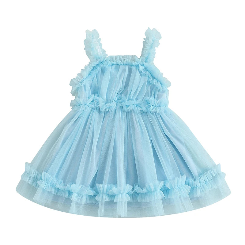 Toddler Girl Summer Tulle Dress Solid Color Sleeveless Mesh Ruffled A-Line Dress